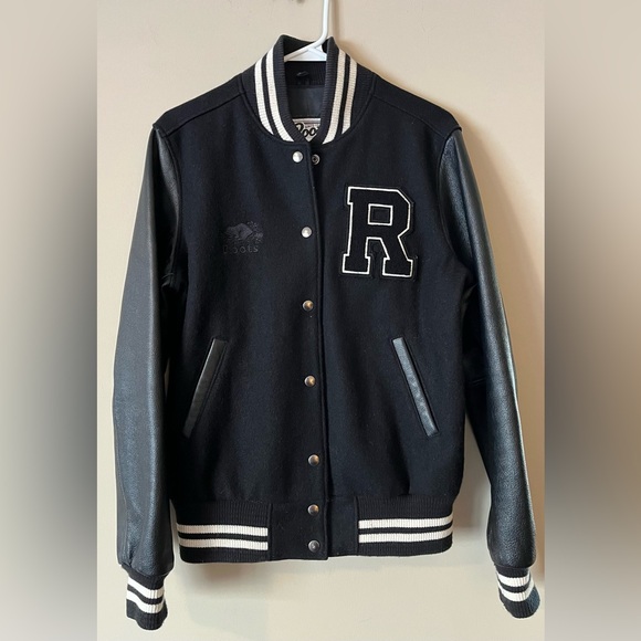 Jackets & Blazers - SOLD * Roots Black Varsity Jacket with Leather Sleeves Women’s Size 10